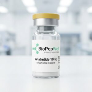 Retatrutide lyophilized powder vial with BioPepWell label