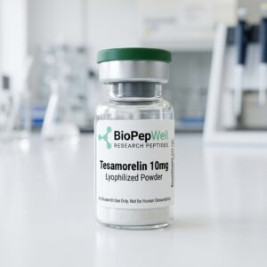 Tesamorelin 10mg lyophilized powder vial with BioPepWell label
