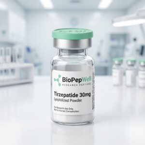 Tirzepatide 30mg lyophilized powder vial with BioPepWell label
